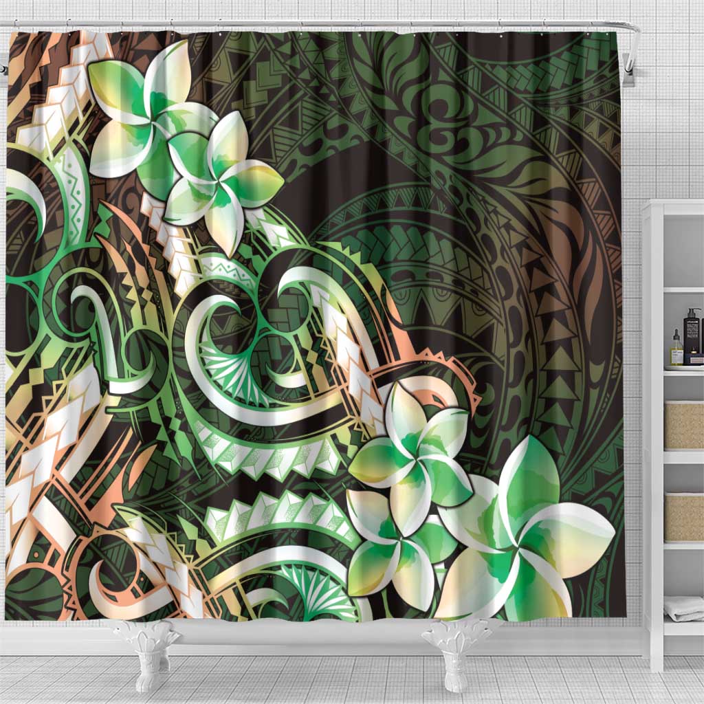 Polynesian Art Tattoo Shower Curtain Plumeria Flowers Green Gradient LT05 - Polynesian Pride