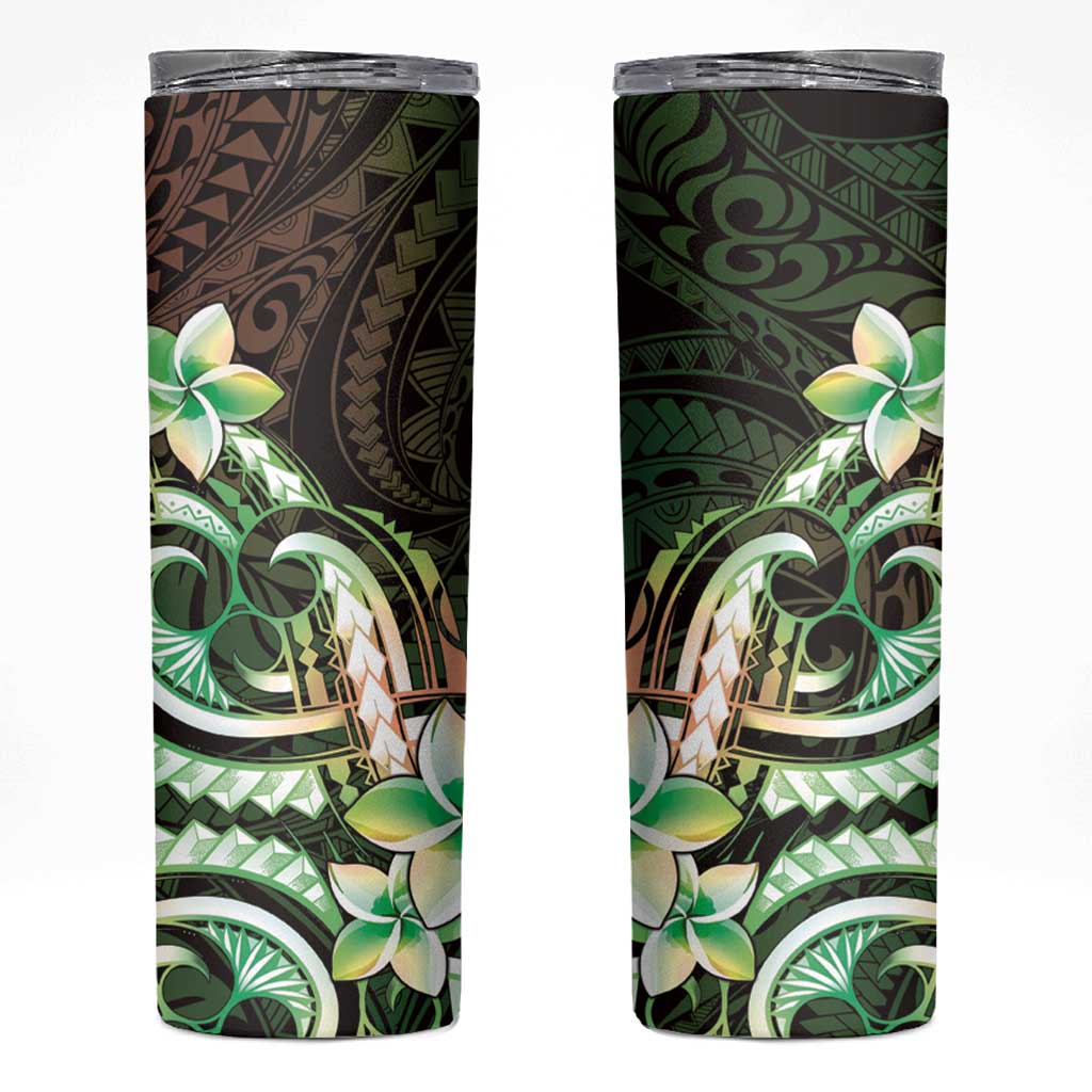 Polynesian Art Tattoo Skinny Tumbler Plumeria Flowers Green Gradient