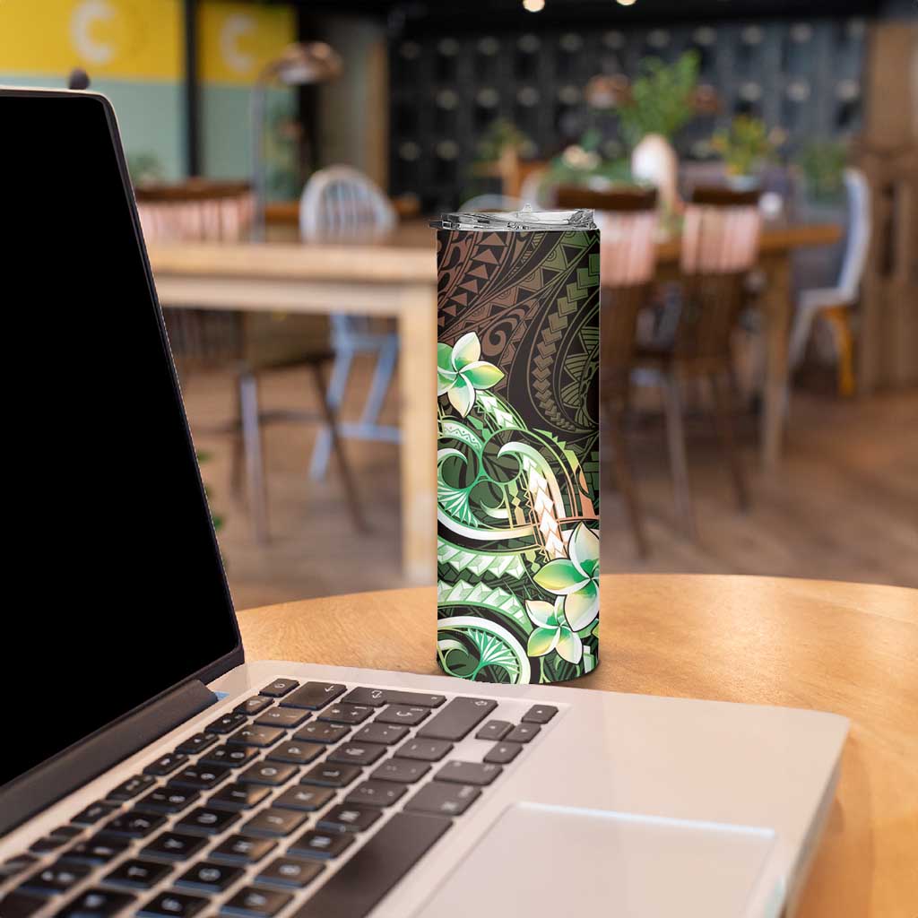 Polynesian Art Tattoo Skinny Tumbler Plumeria Flowers Green Gradient