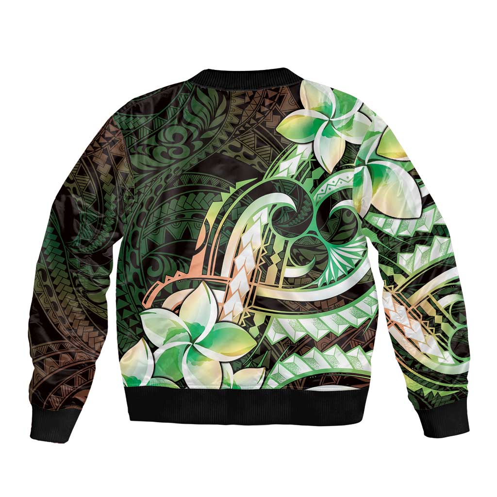 Polynesian Art Tattoo Sleeve Zip Bomber Jacket Plumeria Flowers Green Gradient LT05 - Polynesian Pride