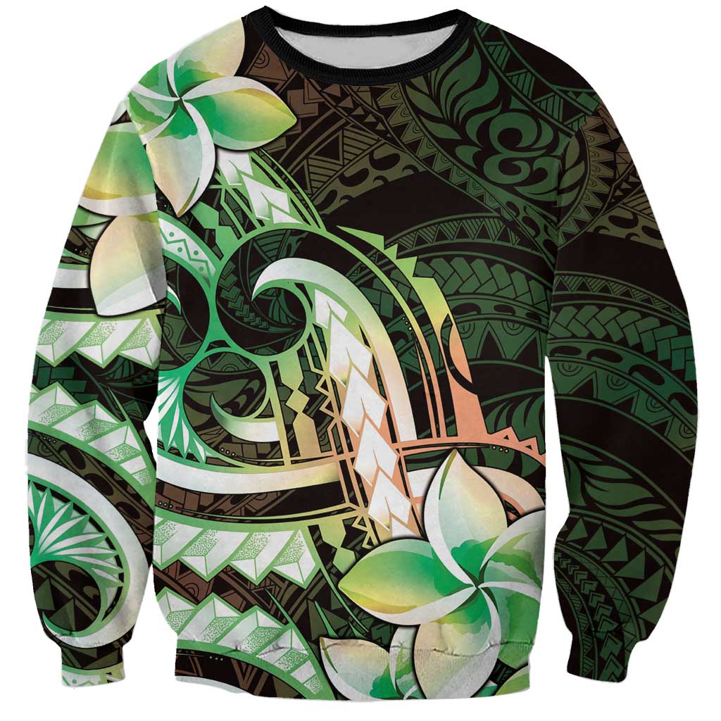 Polynesian Art Tattoo Sweatshirt Plumeria Flowers Green Gradient