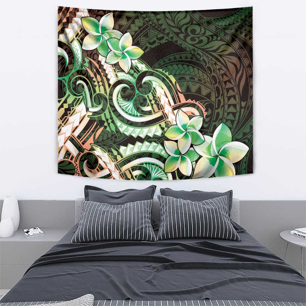 Polynesian Art Tattoo Tapestry Plumeria Flowers Green Gradient