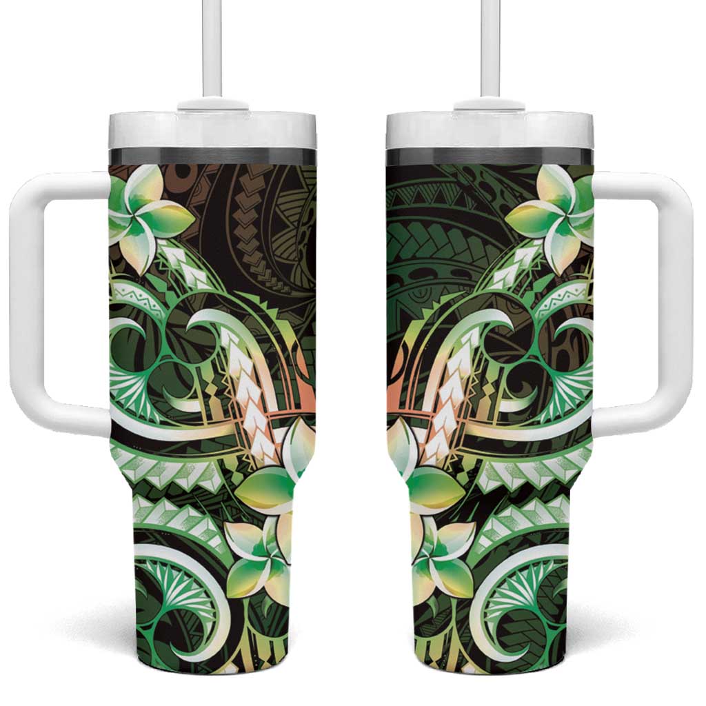 Polynesian Art Tattoo Tumbler With Handle Plumeria Flowers Green Gradient