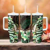 Polynesian Art Tattoo Tumbler With Handle Plumeria Flowers Green Gradient