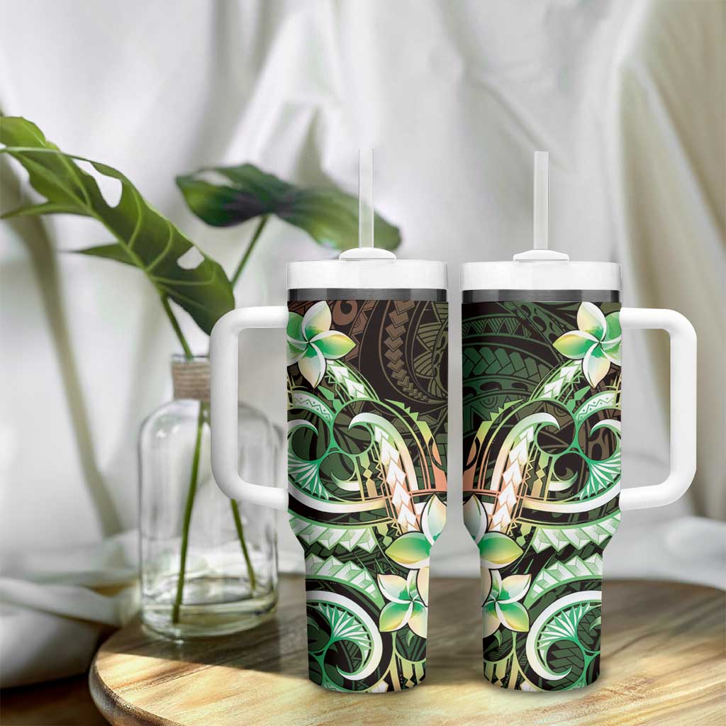 Polynesian Art Tattoo Tumbler With Handle Plumeria Flowers Green Gradient