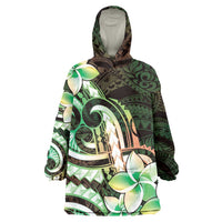 Polynesian Art Tattoo Wearable Blanket Hoodie Plumeria Flowers Green Gradient