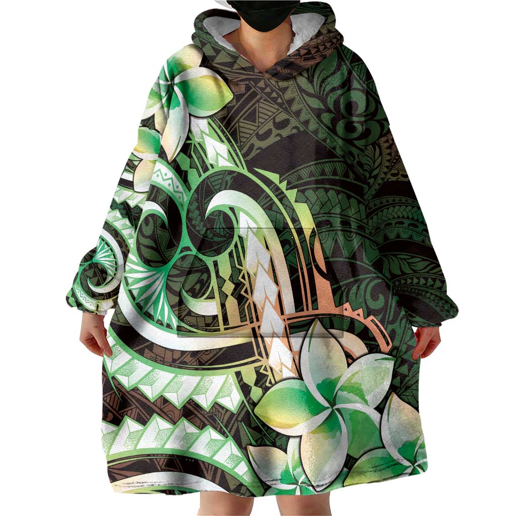 Polynesian Art Tattoo Wearable Blanket Hoodie Plumeria Flowers Green Gradient