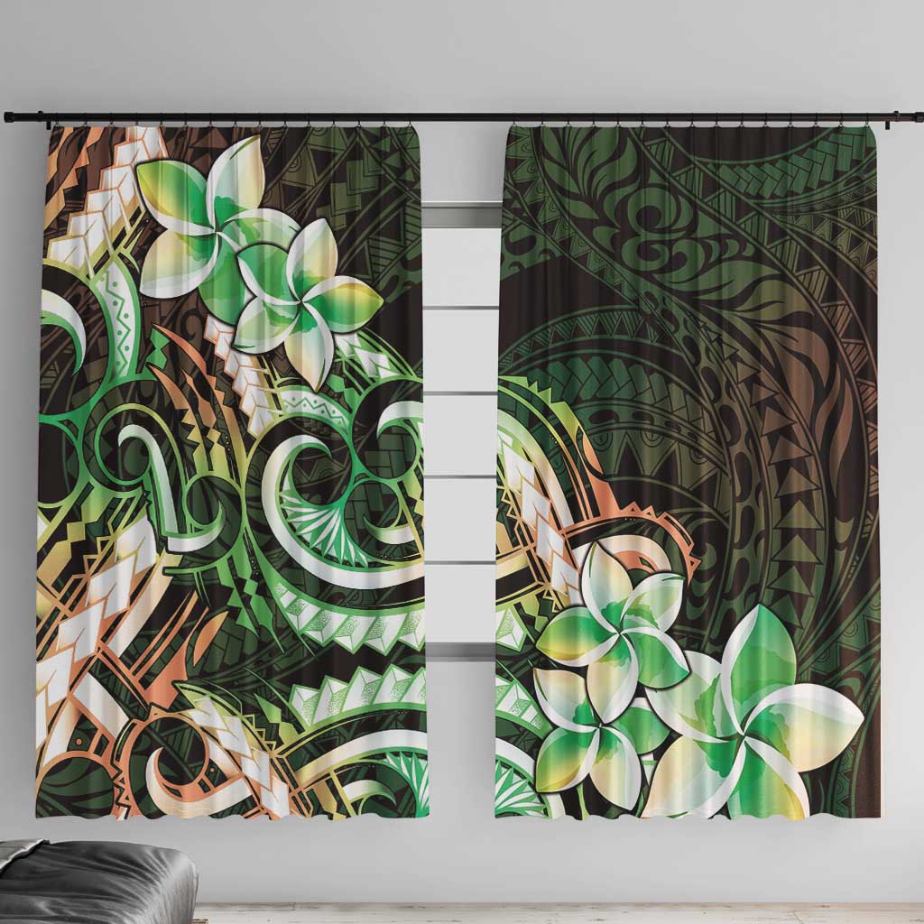 Polynesian Art Tattoo Window Curtain Plumeria Flowers Green Gradient