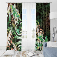 Polynesian Art Tattoo Window Curtain Plumeria Flowers Green Gradient