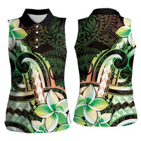Polynesian Art Tattoo Women Sleeveless Polo Shirt Plumeria Flowers Green Gradient