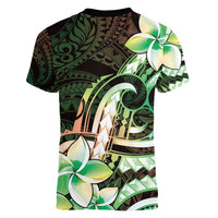 Polynesian Art Tattoo Women V-Neck T-Shirt Plumeria Flowers Green Gradient