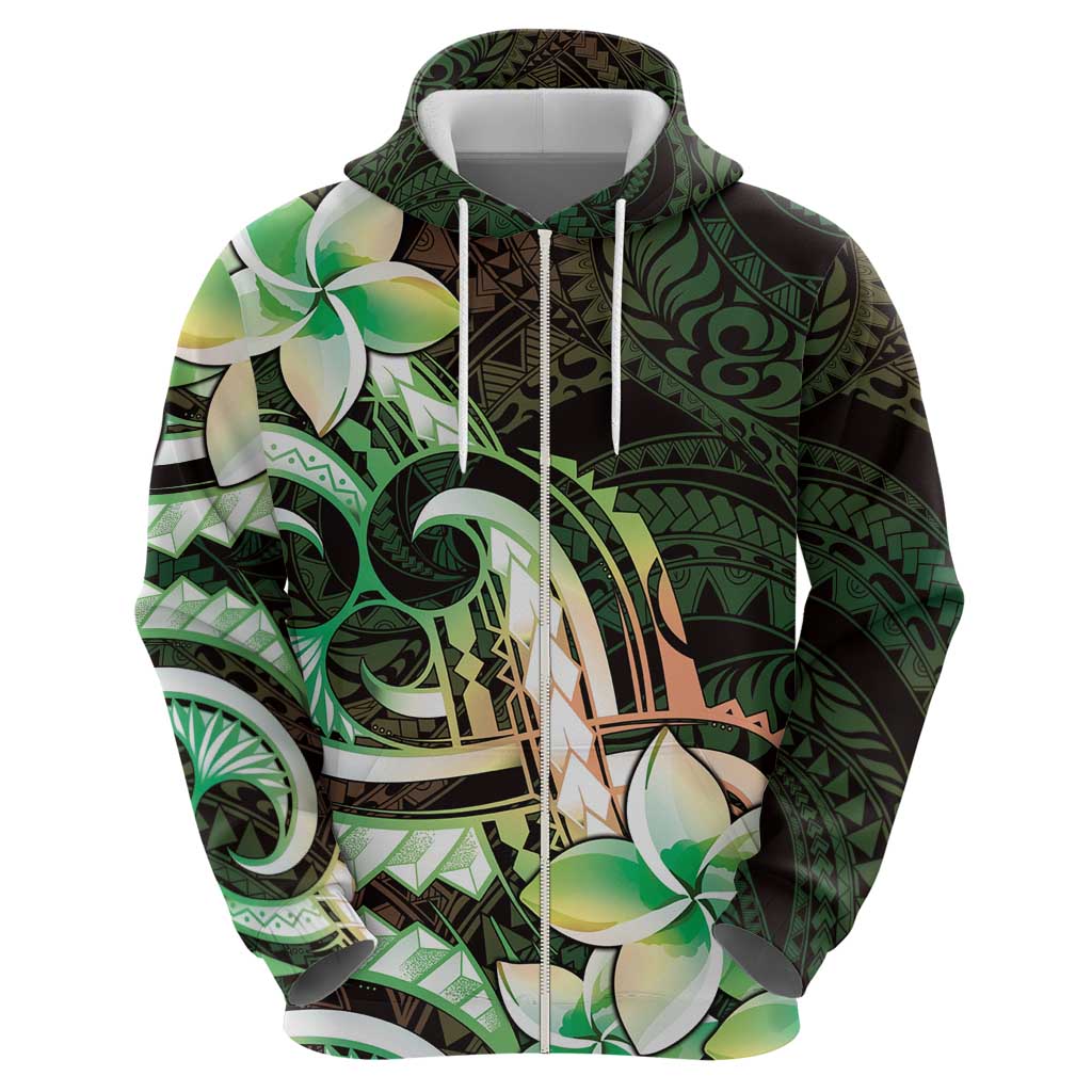 Polynesian Art Tattoo Zip Hoodie Plumeria Flowers Green Gradient LT05 - Polynesian Pride