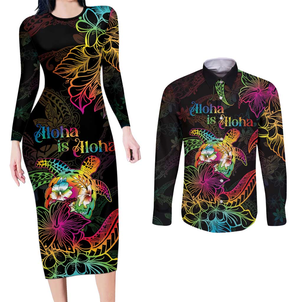 Hawaii Pride Couples Matching Long Sleeve Bodycon Dress and Long Sleeve Button Shirt Aloha Is Aloha