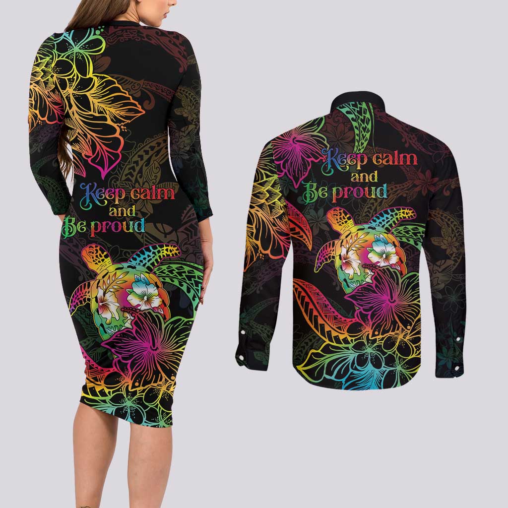 Hawaii Pride Couples Matching Long Sleeve Bodycon Dress and Long Sleeve Button Shirt Aloha Is Aloha