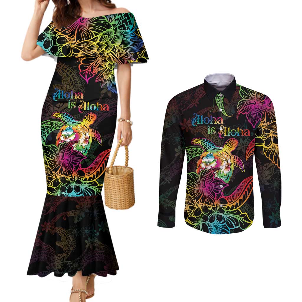 Hawaii Pride Couples Matching Mermaid Dress and Long Sleeve Button Shirt Aloha Is Aloha