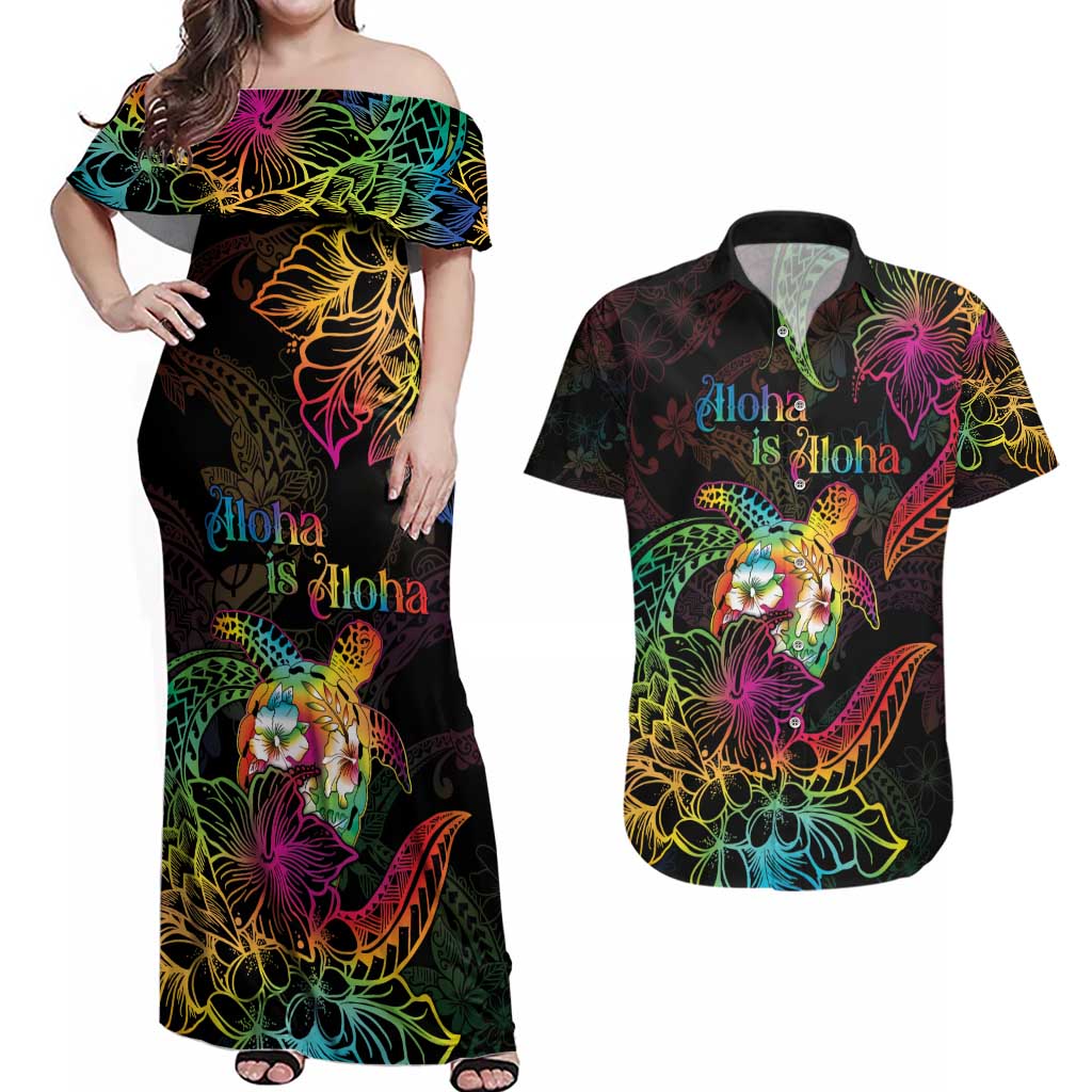 Hawaii Pride Couples Matching Off Shoulder Maxi Dress and Hawaiian Shirt Aloha Is Aloha