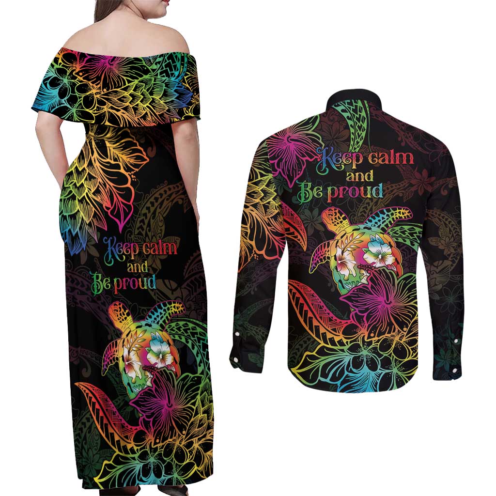 Hawaii Pride Couples Matching Off Shoulder Maxi Dress and Long Sleeve Button Shirt Aloha Is Aloha