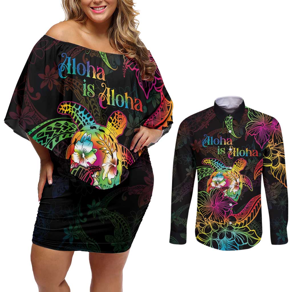 Hawaii Pride Couples Matching Off Shoulder Short Dress and Long Sleeve Button Shirt Aloha Is Aloha