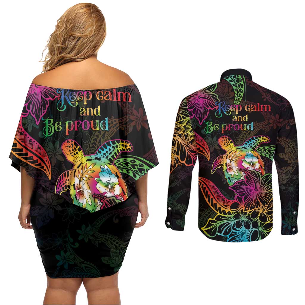 Hawaii Pride Couples Matching Off Shoulder Short Dress and Long Sleeve Button Shirt Aloha Is Aloha
