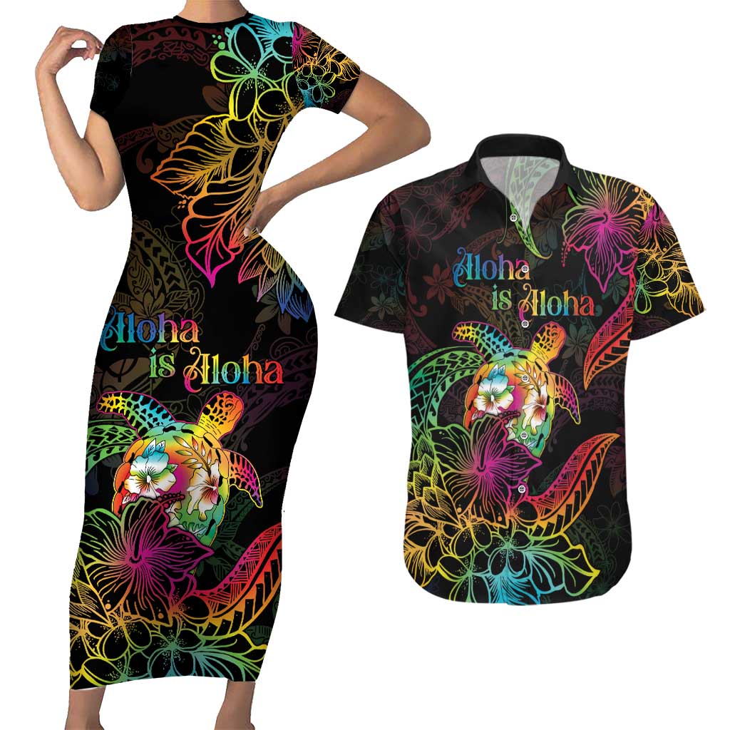 Hawaii Pride Couples Matching Short Sleeve Bodycon Dress and Hawaiian Shirt Aloha Is Aloha