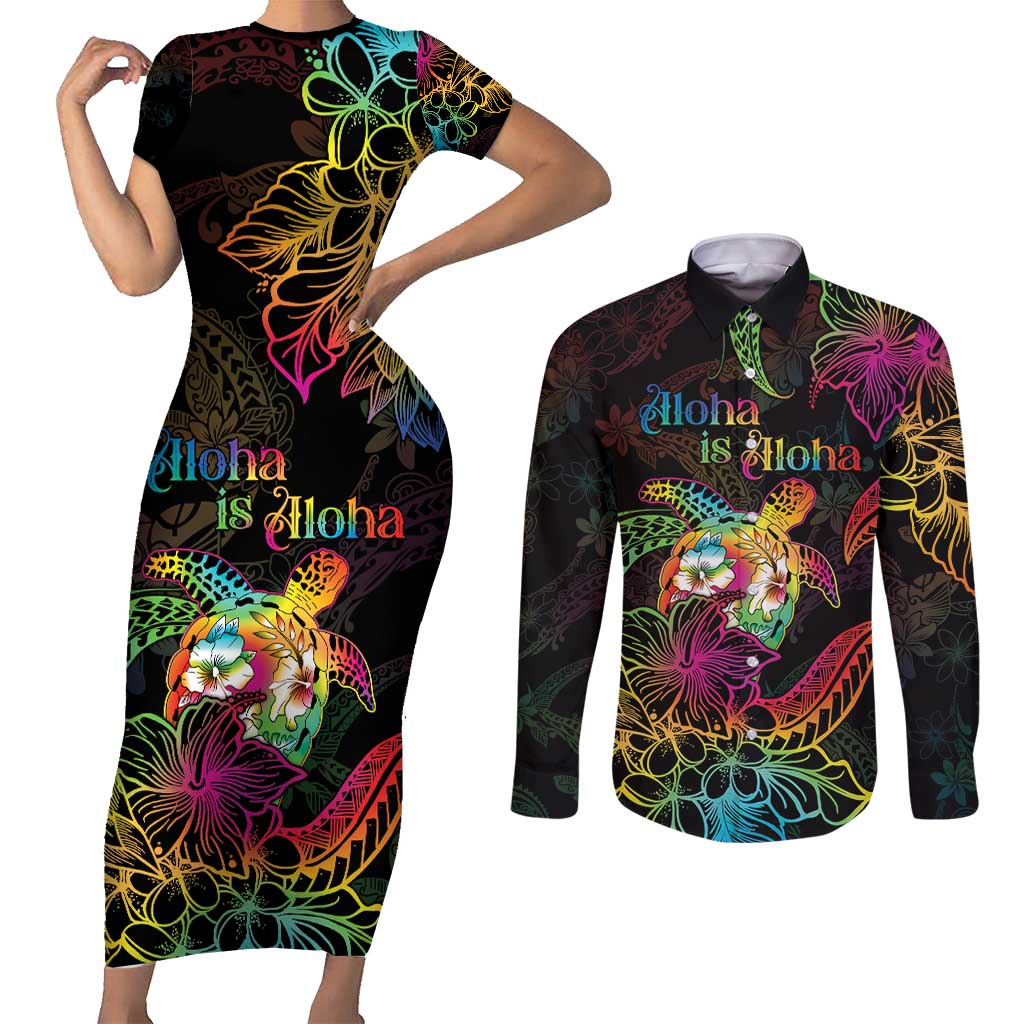 Hawaii Pride Couples Matching Short Sleeve Bodycon Dress and Long Sleeve Button Shirt Aloha Is Aloha