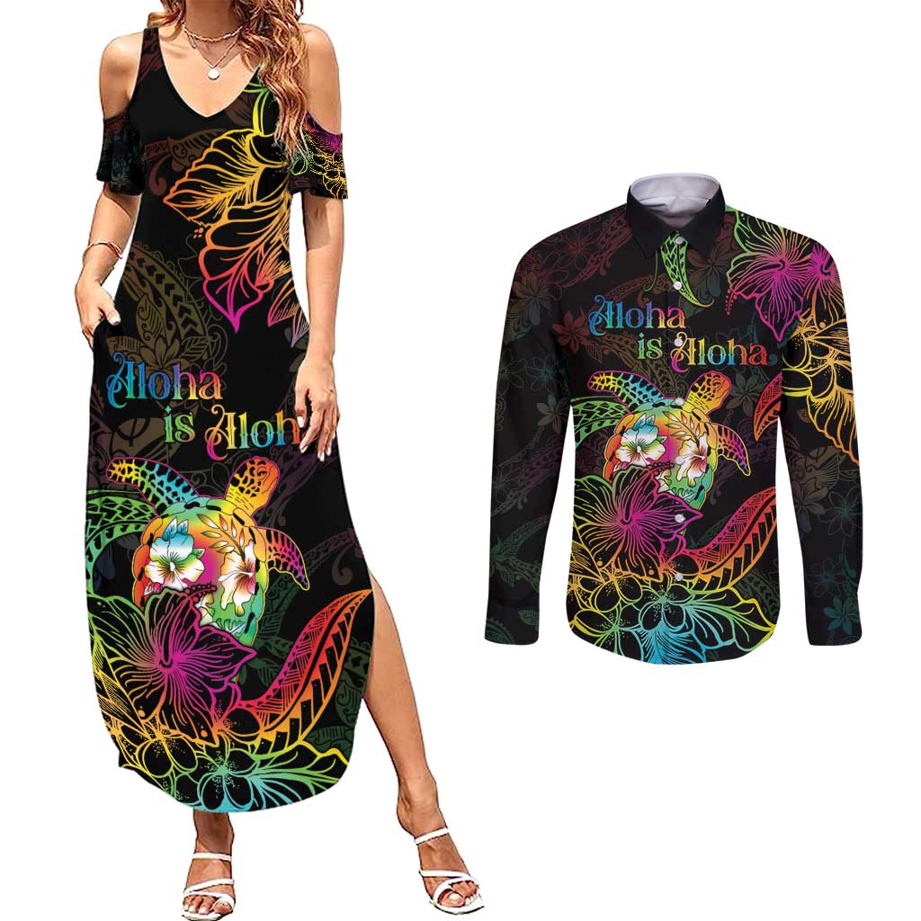 Hawaii Pride Couples Matching Summer Maxi Dress and Long Sleeve Button Shirt Aloha Is Aloha