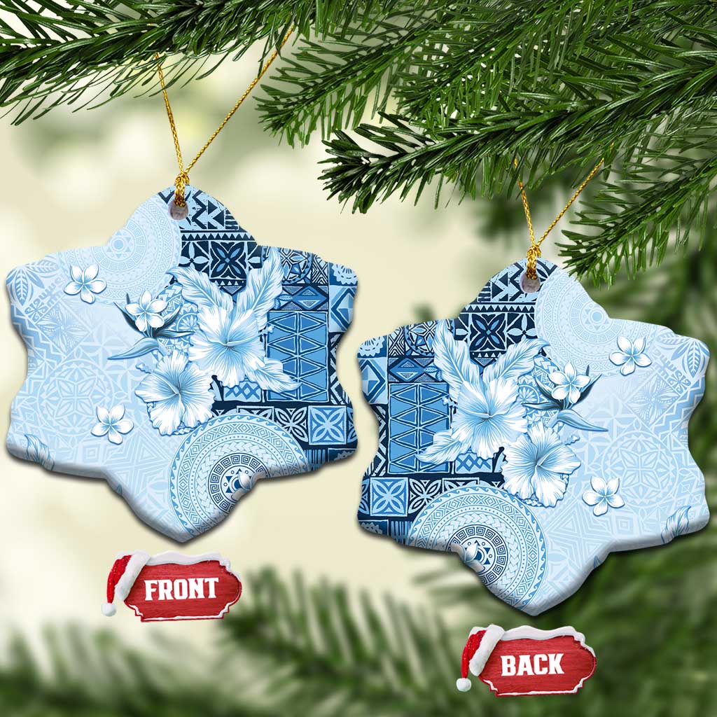 Hawaii Tapa Pattern With Blue Hibiscus Ceramic Ornament