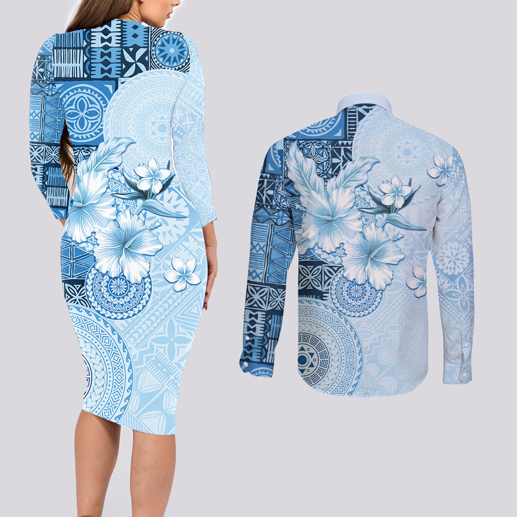 Hawaii Tapa Pattern With Blue Hibiscus Couples Matching Long Sleeve Bodycon Dress and Long Sleeve Button Shirt