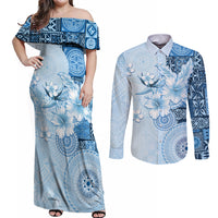 Hawaii Tapa Pattern With Blue Hibiscus Couples Matching Off Shoulder Maxi Dress and Long Sleeve Button Shirt