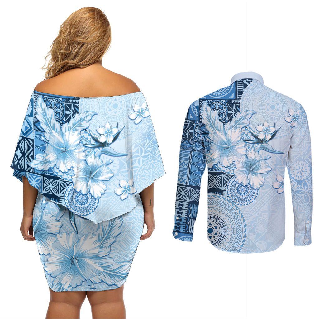 Hawaii Tapa Pattern With Blue Hibiscus Couples Matching Off Shoulder Short Dress and Long Sleeve Button Shirt