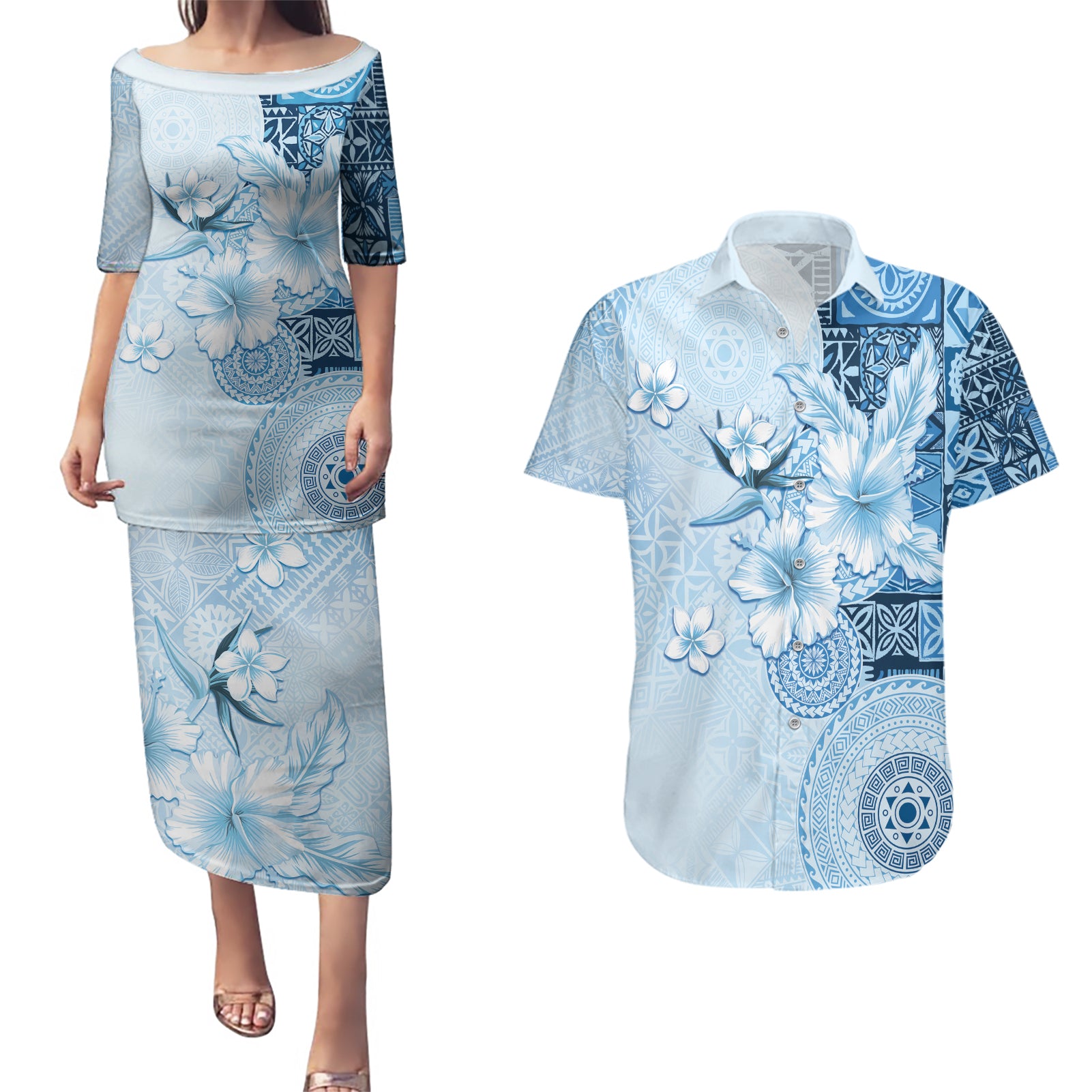 Hawaii Tapa Pattern With Blue Hibiscus Couples Matching Puletasi and Hawaiian Shirt
