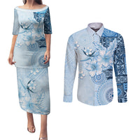 Hawaii Tapa Pattern With Blue Hibiscus Couples Matching Puletasi and Long Sleeve Button Shirt