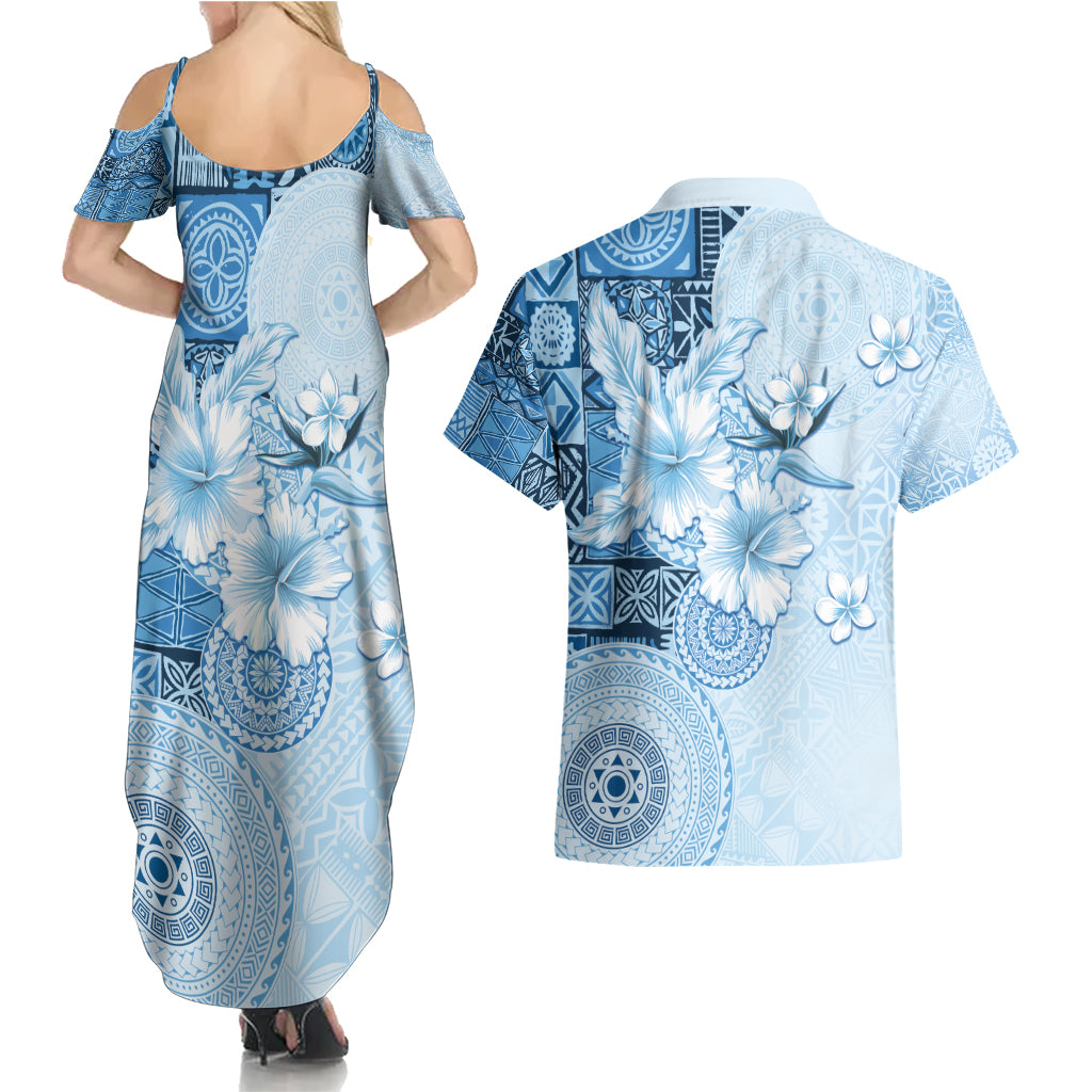 Hawaii Tapa Pattern With Blue Hibiscus Couples Matching Summer Maxi Dress and Hawaiian Shirt