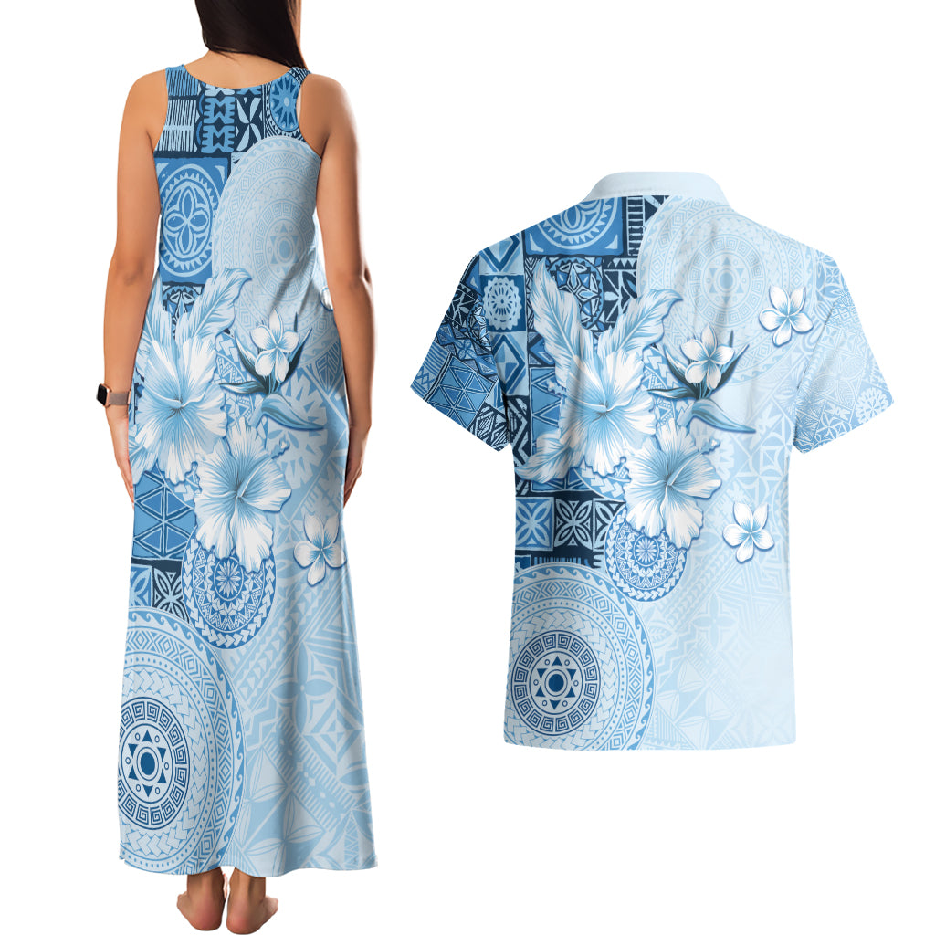 Hawaii Tapa Pattern With Blue Hibiscus Couples Matching Tank Maxi Dress and Hawaiian Shirt