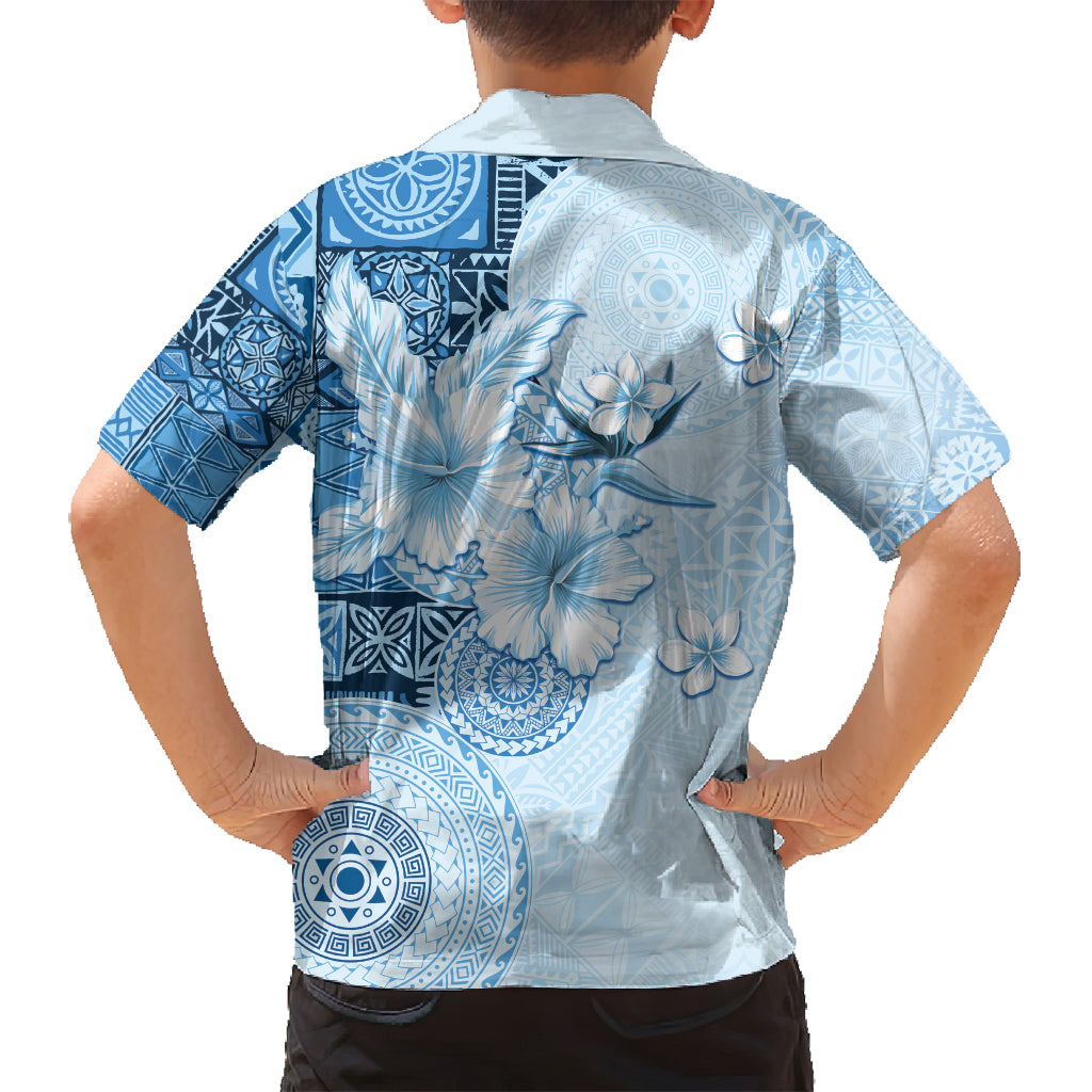 Hawaii Tapa Pattern With Blue Hibiscus Family Matching Long Sleeve Bodycon Dress and Hawaiian Shirt LT05 - Polynesian Pride