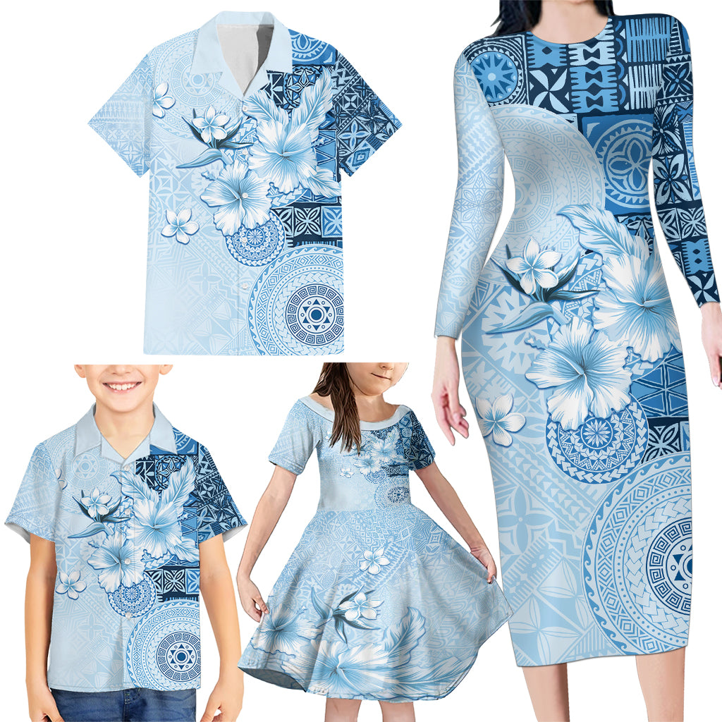 Hawaii Tapa Pattern With Blue Hibiscus Family Matching Long Sleeve Bodycon Dress and Hawaiian Shirt LT05 - Polynesian Pride
