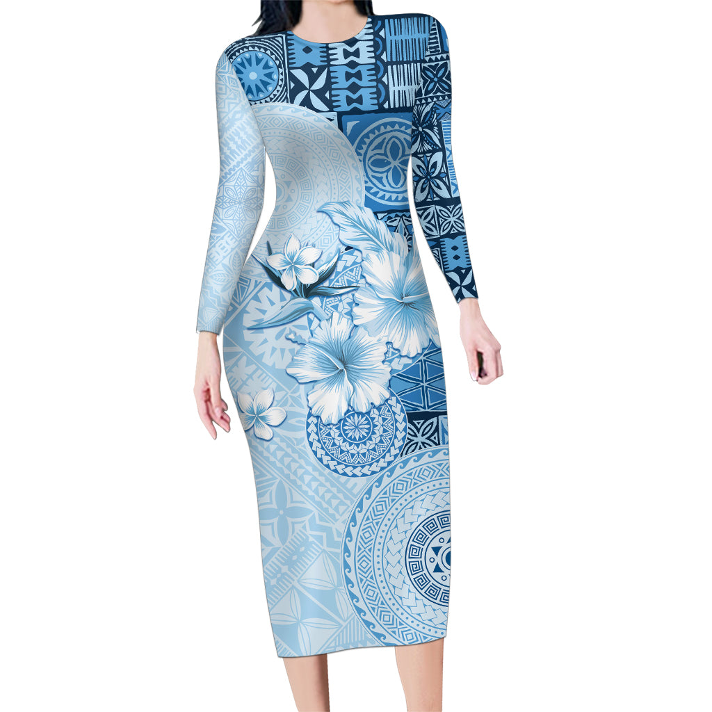 Hawaii Tapa Pattern With Blue Hibiscus Family Matching Long Sleeve Bodycon Dress and Hawaiian Shirt LT05 Mom's Dress Blue - Polynesian Pride