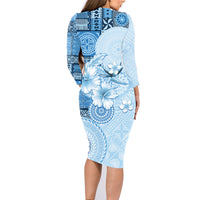 Hawaii Tapa Pattern With Blue Hibiscus Family Matching Long Sleeve Bodycon Dress and Hawaiian Shirt LT05 - Polynesian Pride