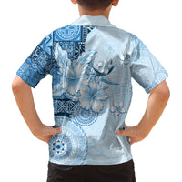Hawaii Tapa Pattern With Blue Hibiscus Family Matching Off The Shoulder Long Sleeve Dress and Hawaiian Shirt LT05 - Polynesian Pride