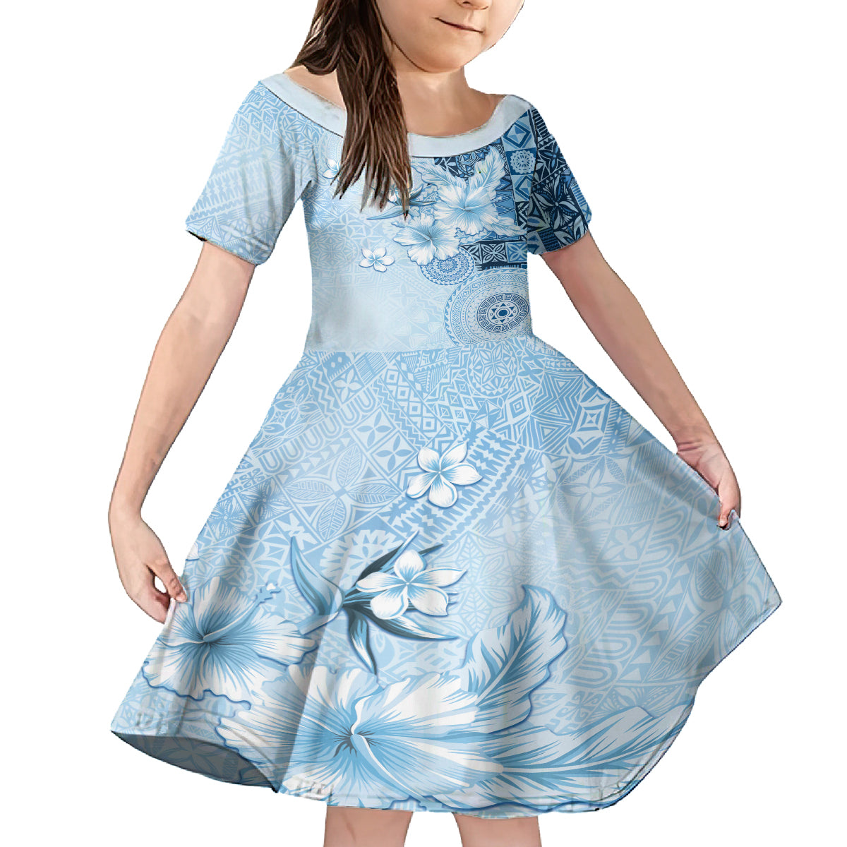 Hawaii Tapa Pattern With Blue Hibiscus Family Matching Off The Shoulder Long Sleeve Dress and Hawaiian Shirt LT05 Daughter's Dress Blue - Polynesian Pride
