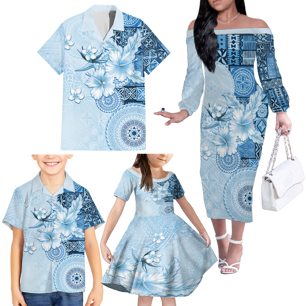 Hawaii Tapa Pattern With Blue Hibiscus Family Matching Off The Shoulder Long Sleeve Dress and Hawaiian Shirt LT05 - Polynesian Pride