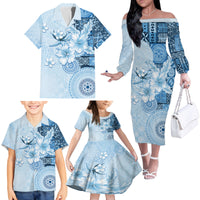 Hawaii Tapa Pattern With Blue Hibiscus Family Matching Off The Shoulder Long Sleeve Dress and Hawaiian Shirt LT05 - Polynesian Pride