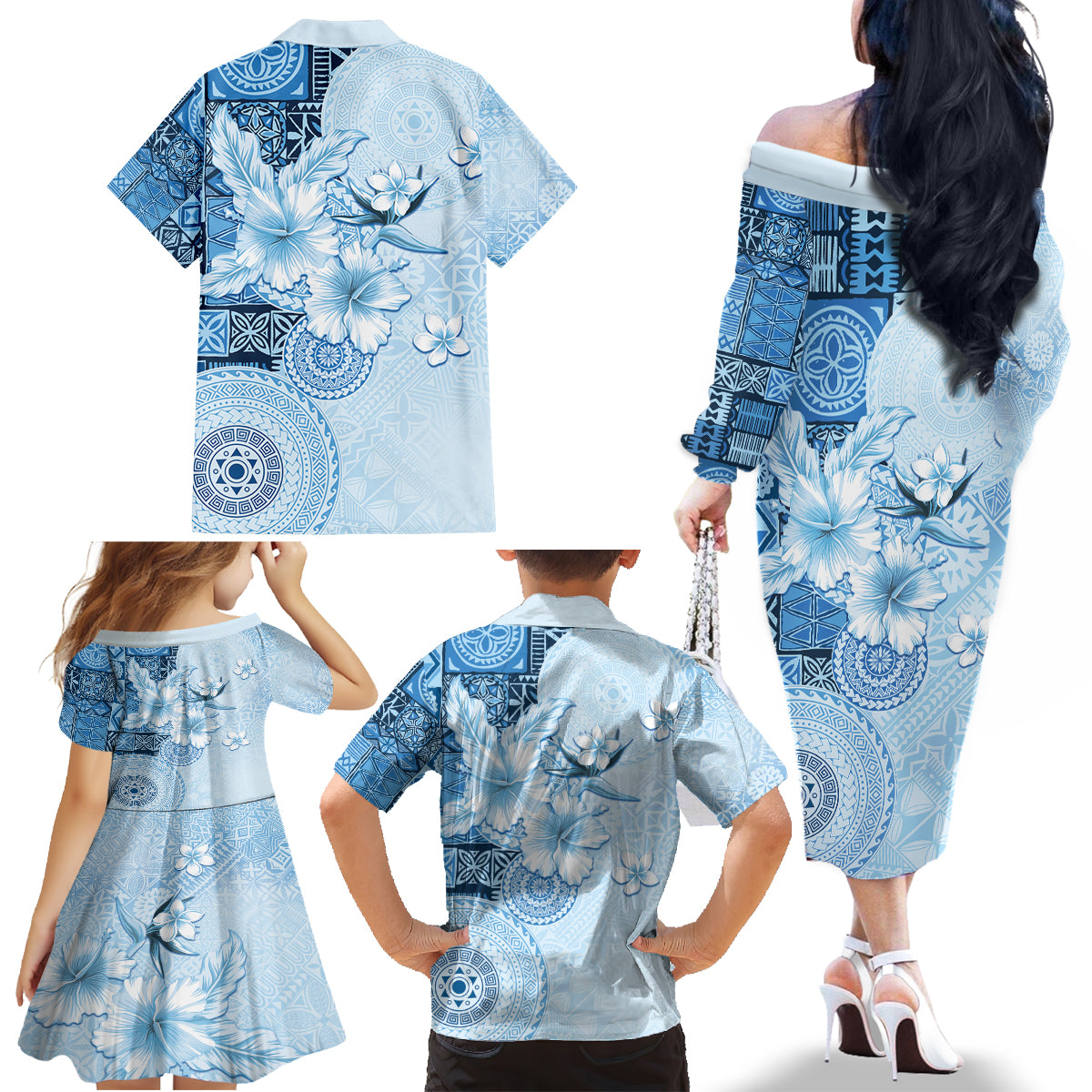 Hawaii Tapa Pattern With Blue Hibiscus Family Matching Off The Shoulder Long Sleeve Dress and Hawaiian Shirt LT05 - Polynesian Pride
