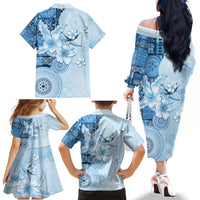 Hawaii Tapa Pattern With Blue Hibiscus Family Matching Off The Shoulder Long Sleeve Dress and Hawaiian Shirt LT05 - Polynesian Pride