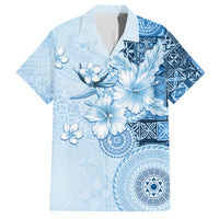 Hawaii Tapa Pattern With Blue Hibiscus Family Matching Off The Shoulder Long Sleeve Dress and Hawaiian Shirt LT05 Dad's Shirt - Short Sleeve Blue - Polynesian Pride