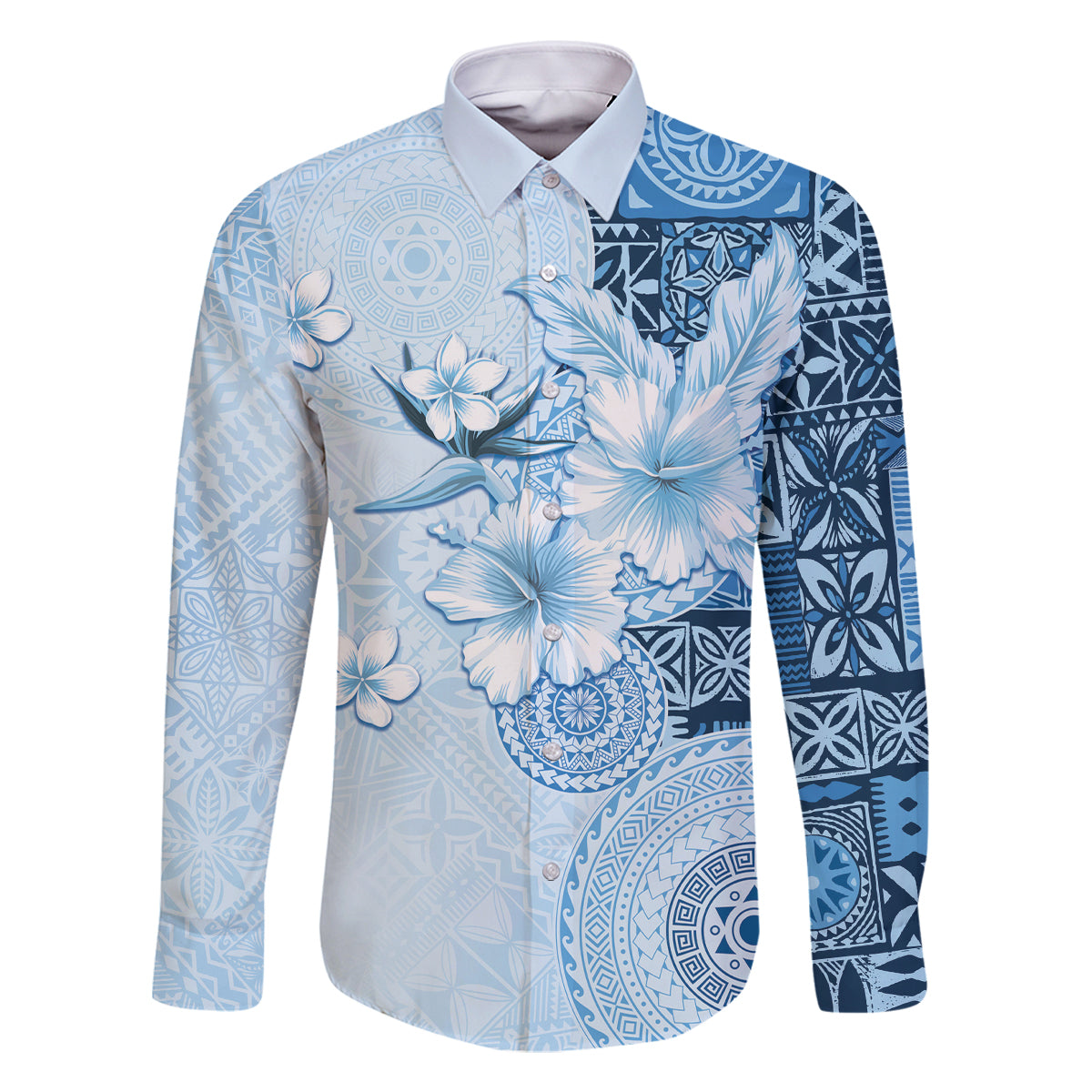 Hawaii Tapa Pattern With Blue Hibiscus Family Matching Off The Shoulder Long Sleeve Dress and Hawaiian Shirt LT05 Dad's Shirt - Long Sleeve Blue - Polynesian Pride