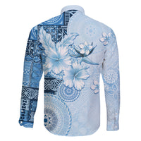 Hawaii Tapa Pattern With Blue Hibiscus Family Matching Off The Shoulder Long Sleeve Dress and Hawaiian Shirt LT05 - Polynesian Pride