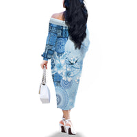 Hawaii Tapa Pattern With Blue Hibiscus Family Matching Off The Shoulder Long Sleeve Dress and Hawaiian Shirt LT05 - Polynesian Pride