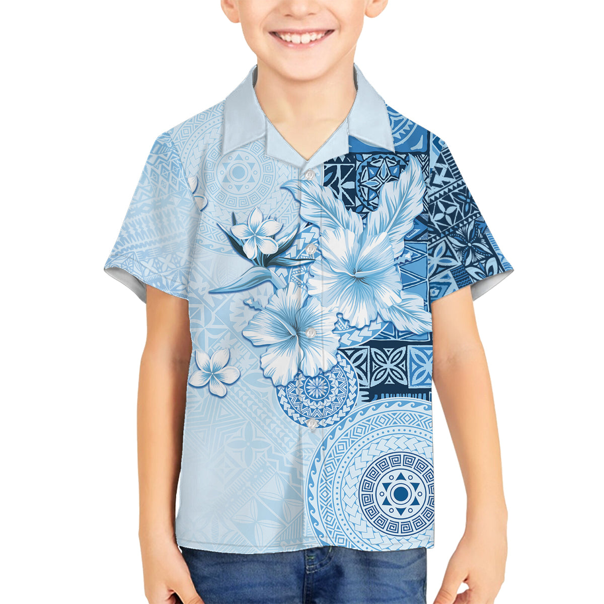 Hawaii Tapa Pattern With Blue Hibiscus Family Matching Off The Shoulder Long Sleeve Dress and Hawaiian Shirt LT05 Son's Shirt Blue - Polynesian Pride