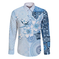 Hawaii Tapa Pattern With Blue Hibiscus Family Matching Summer Maxi Dress and Hawaiian Shirt LT05 Dad's Shirt - Long Sleeve Blue - Polynesian Pride